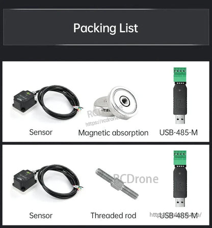 WitMotion WTVB02-485 RS485 3-Axis Vibration Sensor, The packing list contains a sensor, magnetic absorber, threaded rod, and USB-485-M adapter.