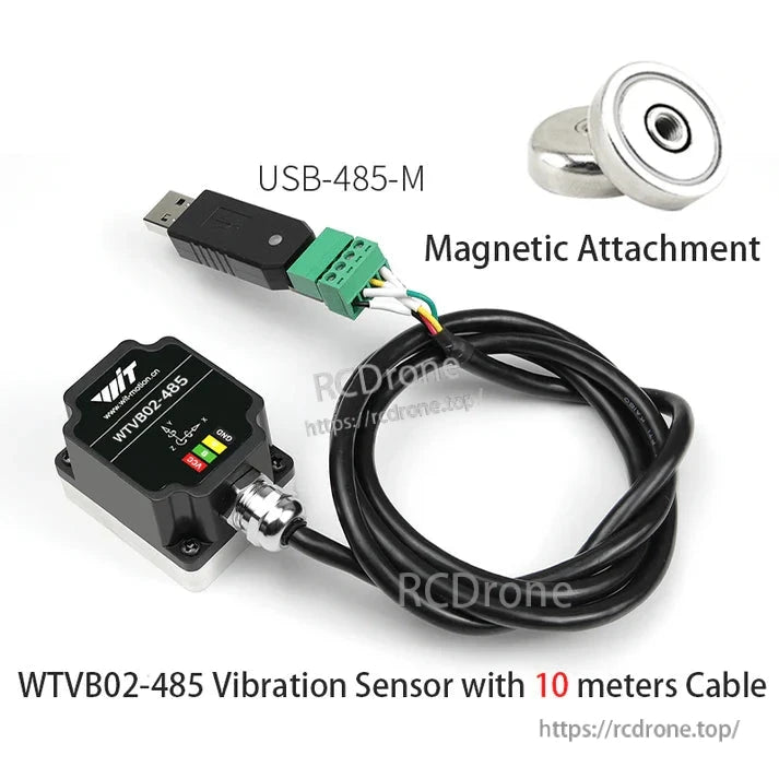 WitMotion WTVB02-485 RS485 3-Axis Vibration Sensor, WitMotion WTVB02-485: 3-axis vibration sensor with RS485, IP68, 1–200 Hz, 5–36 V, digital filtering, 10m cable, magnetic attachment.