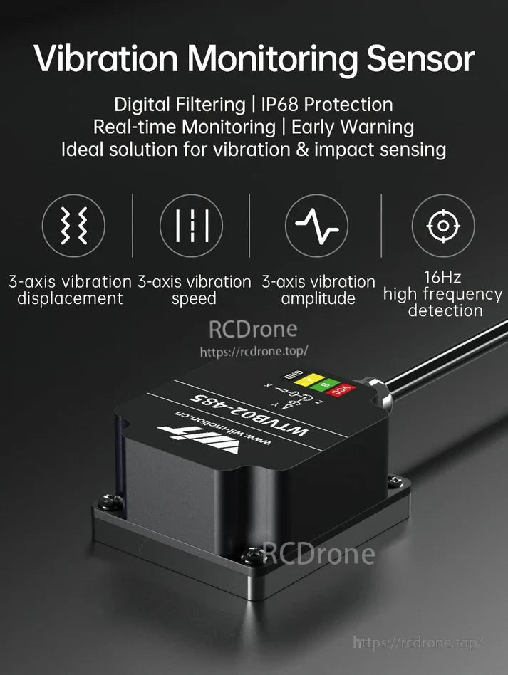 WitMotion WTVB02-485 RS485 3-Axis Vibration Sensor, WitMotion WTVB02-485 vibration sensor offers 3-axis monitoring, digital filtering, IP68 protection, real-time alerts, 16Hz high-frequency detection, 1–200 Hz range, and 5–36 V operation.