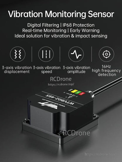 WitMotion WTVB02-485 RS485 3-Axis Vibration Sensor, WitMotion WTVB02-485 vibration sensor offers 3-axis monitoring, digital filtering, IP68 protection, real-time alerts, 16Hz high-frequency detection, 1–200 Hz range, and 5–36 V operation.