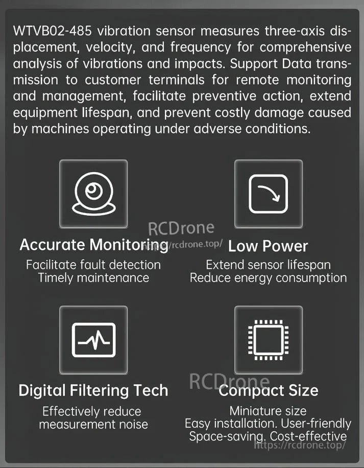 WitMotion WTVB02-485 RS485 3-Axis Vibration Sensor, The WTVB02-485 vibration sensor measures 3-axis displacement, velocity, and frequency with accurate monitoring, low power, digital filtering, compact size, and easy installation for reliable, energy-efficient, noise-reduced analysis.
