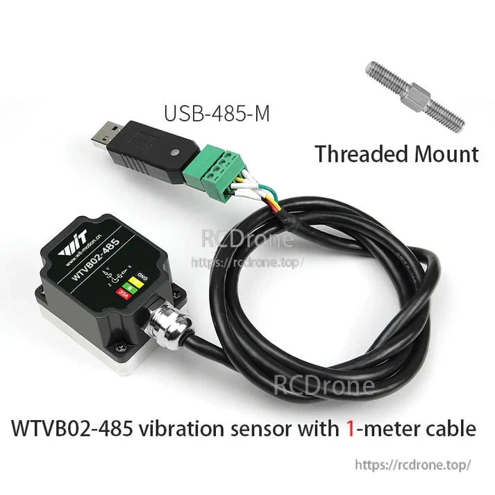 WitMotion WTVB02-485 RS485 3-Axis Vibration Sensor, Vibration sensor with USB-485 cable, threaded mount, 1m length, IP68, 1-200 Hz, 5-36 V, digital filtering.