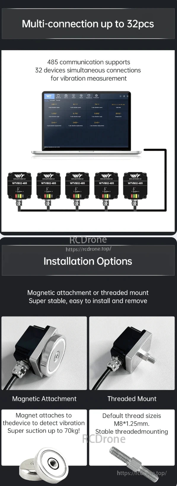 The WitMotion WTVB02-485 vibration sensor supports up to 32 devices via 485 communication, featuring magnetic or threaded mounting, strong suction, and stable installation for reliable measurements.
