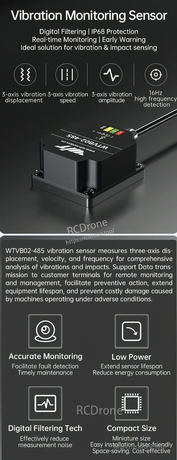 The WitMotion WTVB02-485 vibration sensor provides 3-axis monitoring, digital filtering, IP68 protection, real-time data, accurate fault detection, low power, compact size, and high-frequency impact sensing.