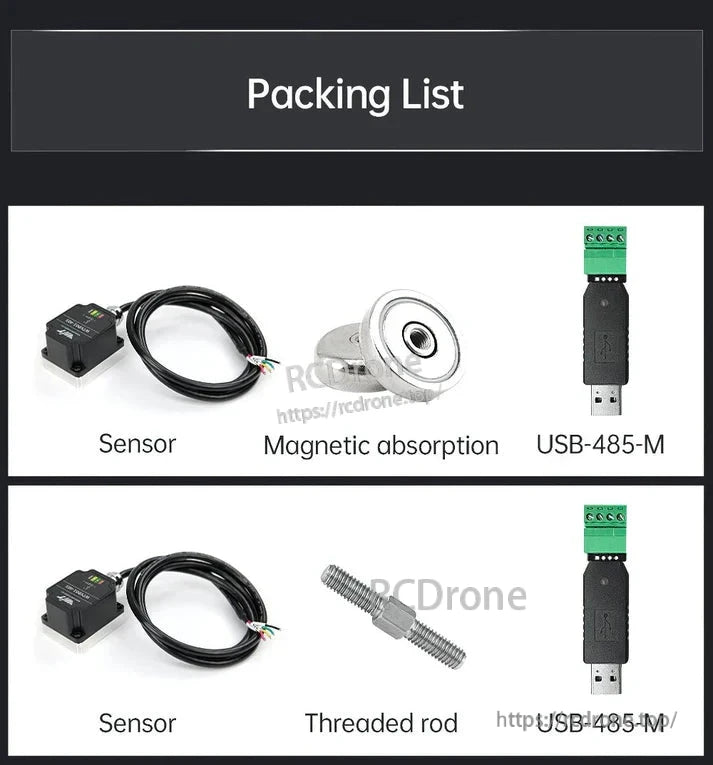 WitMotion WTVB02-485 Vibration Sensor, The packing list contains a sensor, magnetic absorber, USB-485-M, threaded rod, and another sensor.