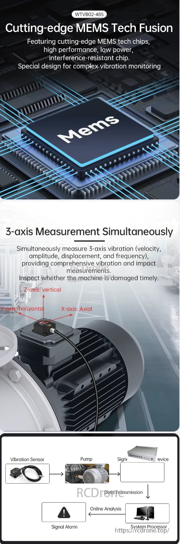The WitMotion WTVB02-485 vibration sensor uses MEMS technology for high performance, low power, and interference resistance, supporting 3-axis vibration measurement for real-time machinery health monitoring and analysis.
