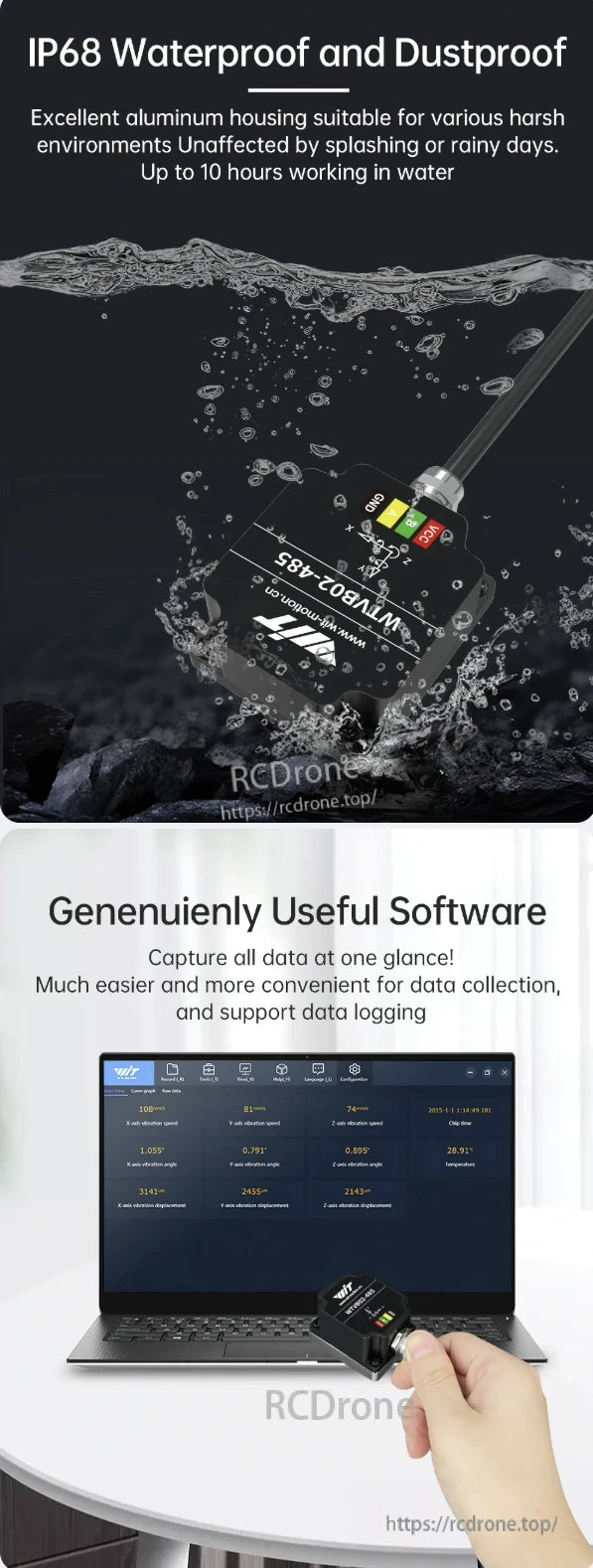 WitMotion WTVB02-485 Vibration Sensor, IP68 waterproof and dustproof vibration sensor with aluminum housing offers real-time data capture, logging, and display of vibration speed, angle, displacement, and temperature; operates underwater for up to 10 hours.