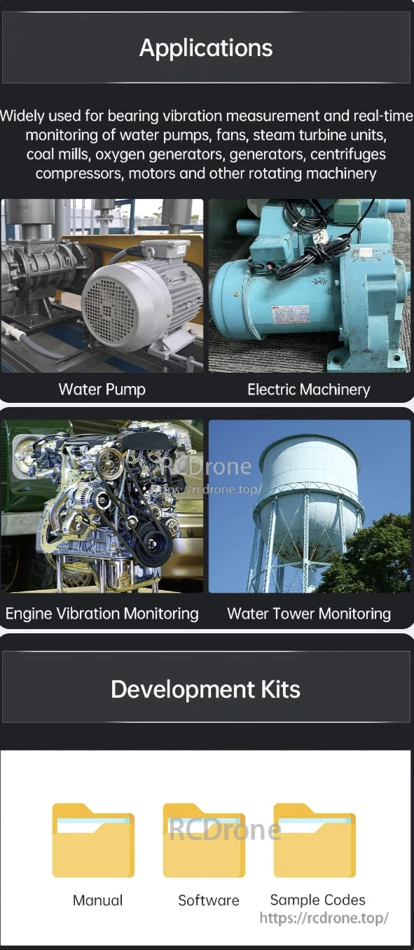 WitMotion WTVB02-485 Vibration Sensor, Vibration sensor for monitoring equipment like pumps, fans, turbines, generators, and motors, with manual, software, and sample codes included.