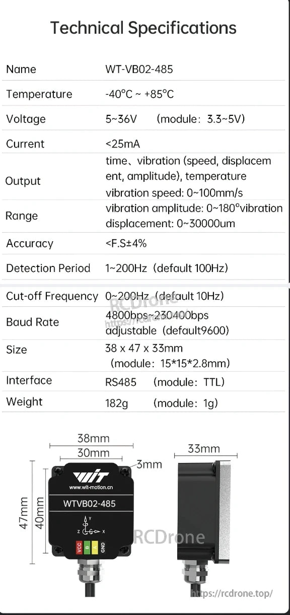 The WitMotion WTVB02-485 vibration sensor operates from -40°C to +85°C, supports 5-36V input, consumes <25mA, and outputs vibration speed, amplitude, displacement, and temperature via RS485. It detects 1-200Hz and measures 38x47x33mm.