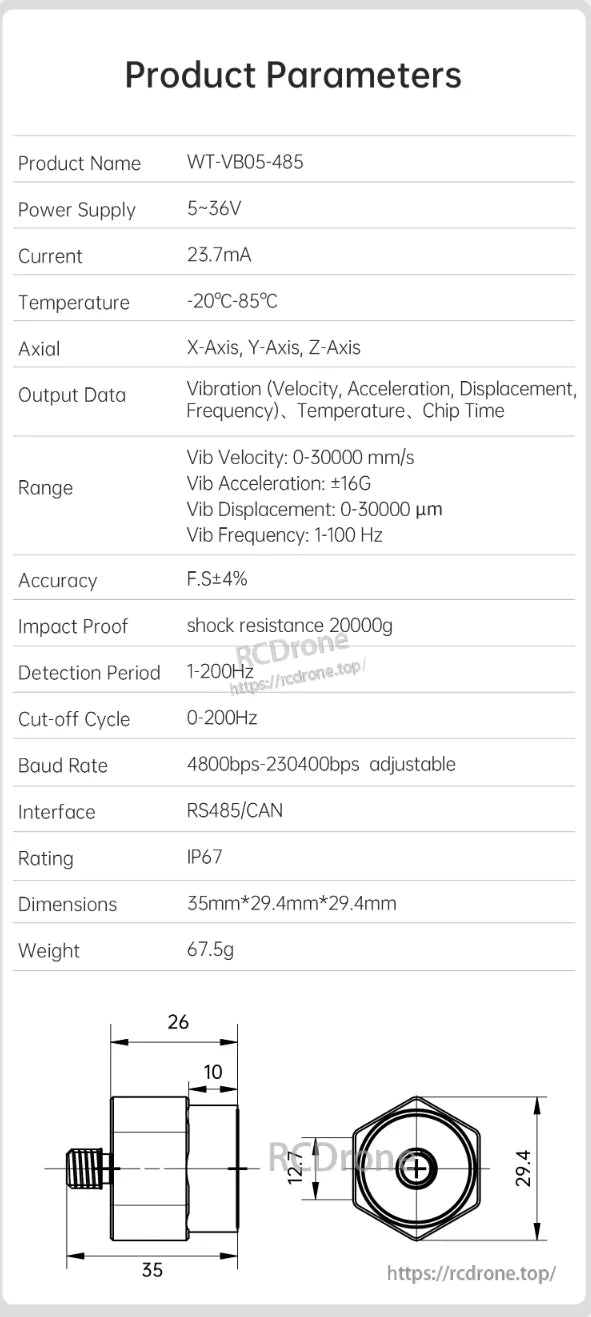 WitMotion WTVB05-485 Sensor, The WitMotion WT-VB05-485 sensor operates on 5–36V, detects vibration, temperature, and chip time with ±4% accuracy, and features IP67 rating, compact size, and wide temperature range.