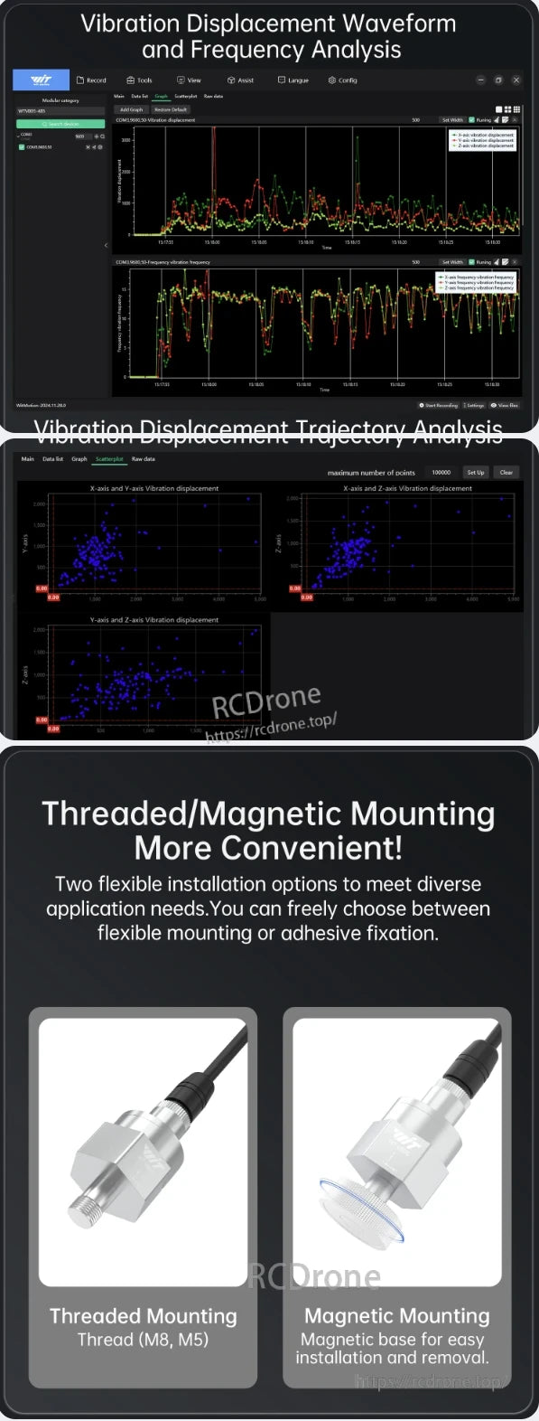 WitMotion WTVB05-485 Sensor, Vibration displacement and frequency analysis. Trajectory analysis using X, Y, Z data. Offers M8, M5 threaded and magnetic mounting options for flexible installation.