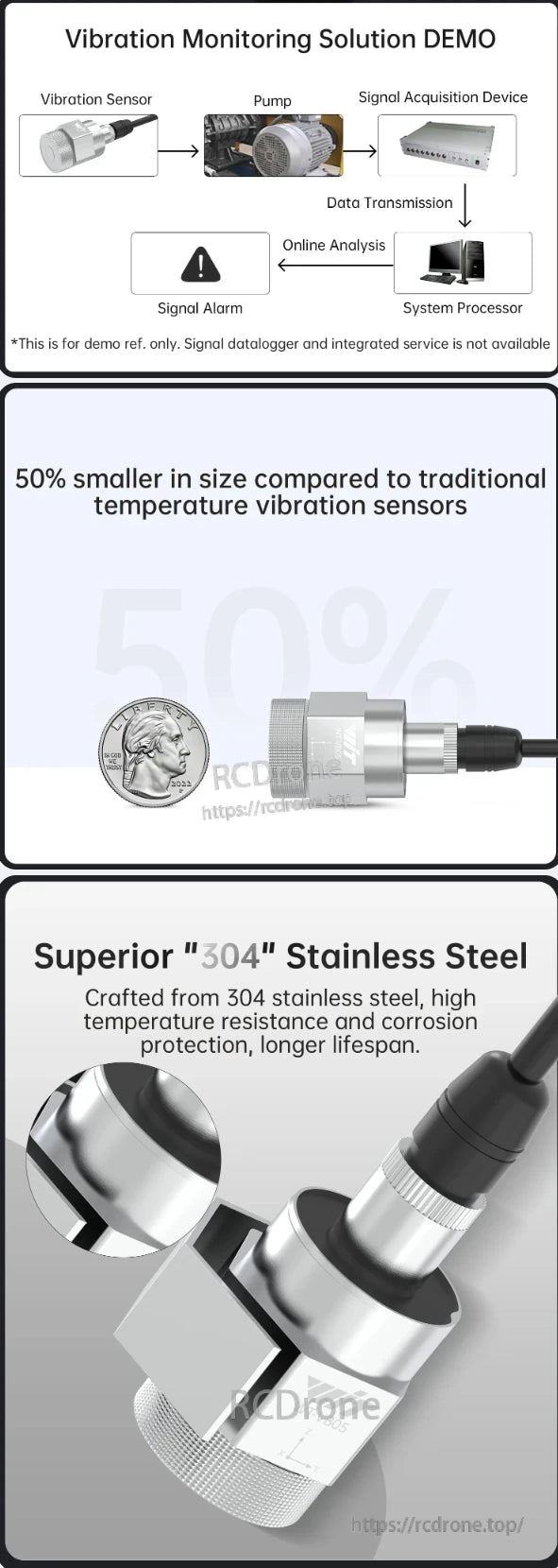 WitMotion WTVB05-485 Sensor, A compact, durable vibration monitoring solution 50% smaller than traditional sensors, made of 304 stainless steel for high temperature resistance, corrosion protection, and extended lifespan.