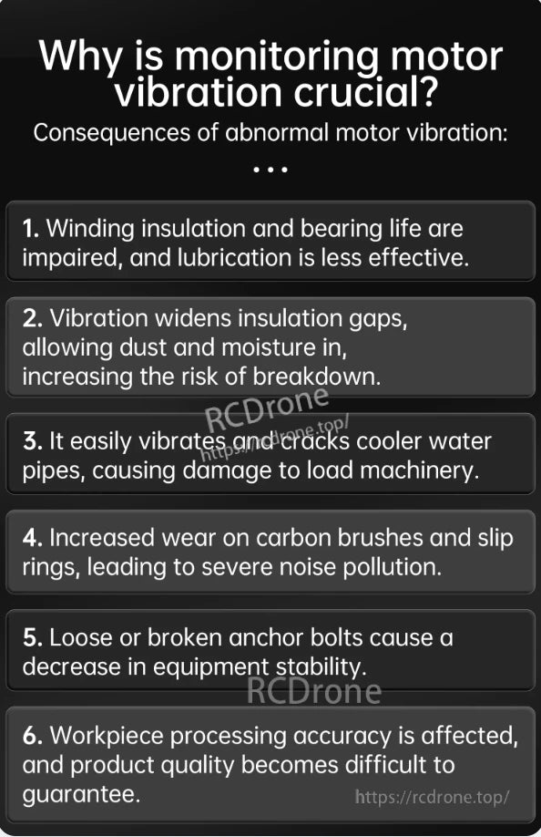 WitMotion WTVB05-485 Sensor, Monitoring motor vibration prevents damage from insulation issues, bearing wear, lubrication problems, dust/moisture, cracks, brush wear, loose bolts, and accuracy loss.