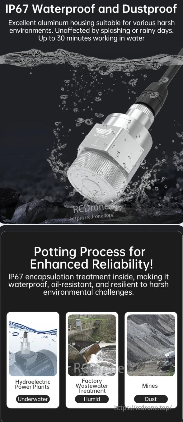 WitMotion WTVB05-485 Sensor, Waterproof, dustproof sensor with aluminum housing; enhanced reliability via potting, suitable for underwater, humid, and dusty environments.