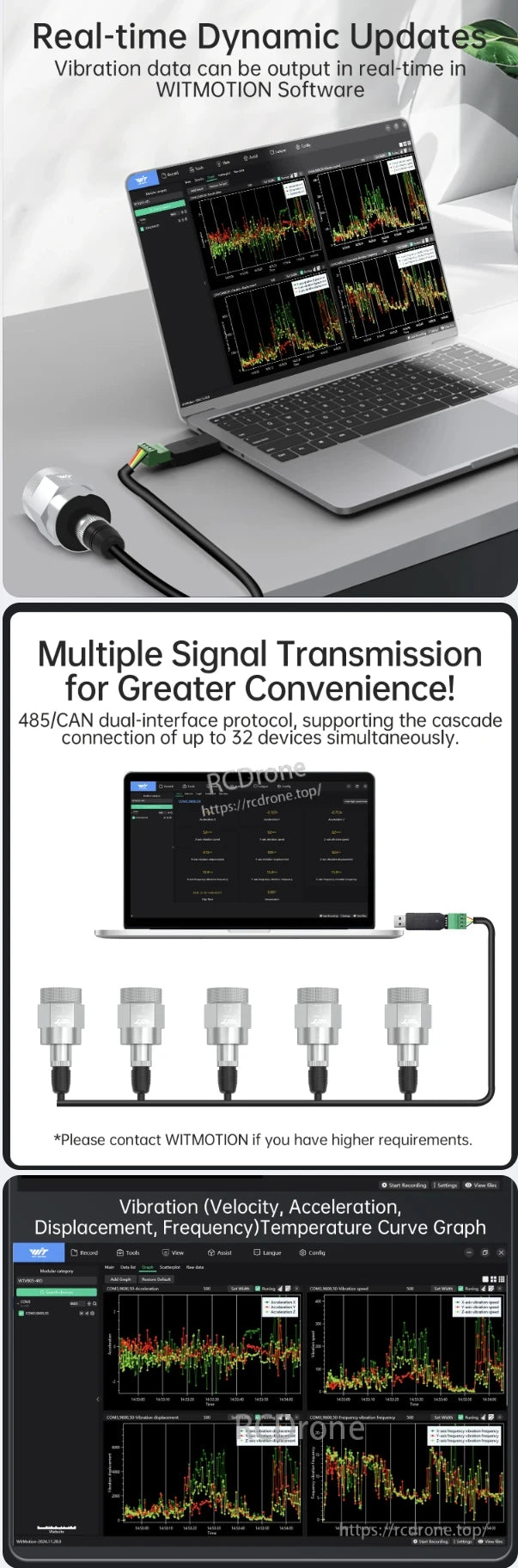 The WitMotion WTVB05-485 sensor provides real-time vibration data with 485/CAN interfaces, supports up to 32 devices, and displays multiple measurement curves.