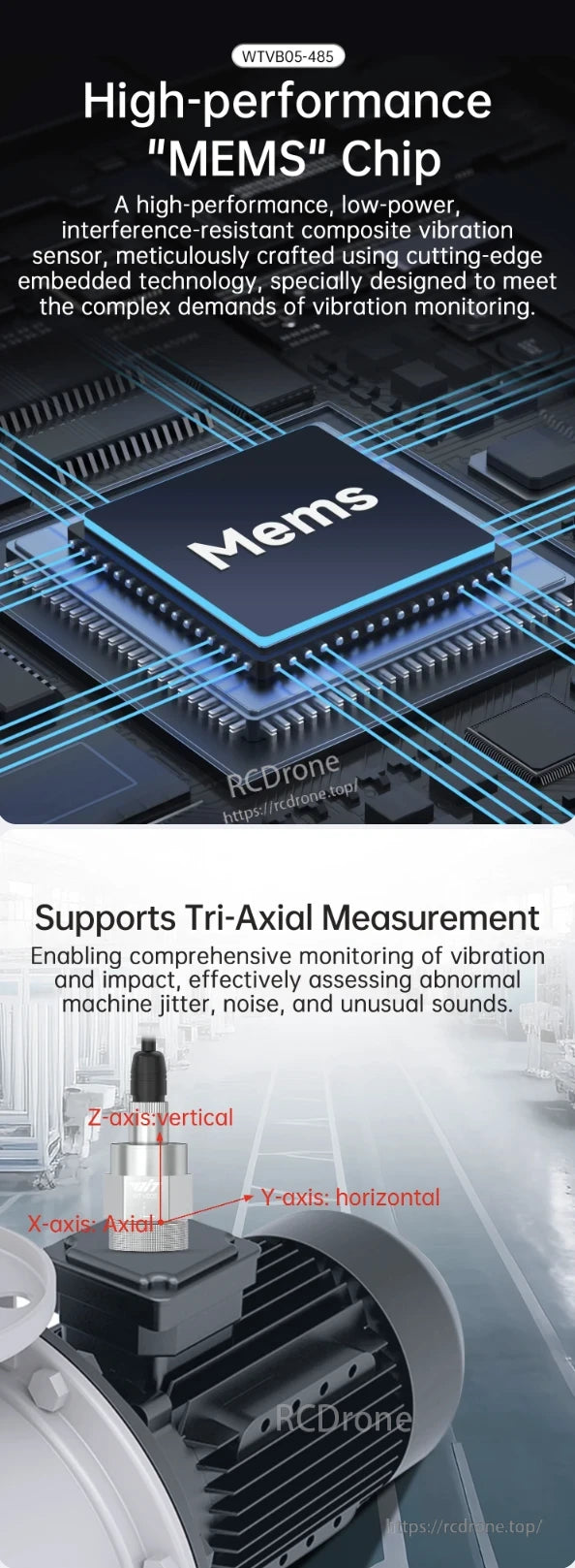 WitMotion WTVB05-485 Sensor, The WTVB05-485 uses high-performance MEMS and low-power sensing for precise tri-axial vibration monitoring, detecting abnormal machine movement and noise in industrial environments.