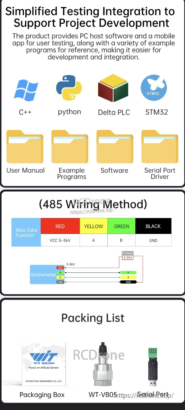 The WitMotion WTVB05-485 sensor offers PC software, mobile app, example programs, and supports C++, Python, Delta PLC, STM32. It features color-coded 485 wiring and includes a packaging box, sensor, and serial port.