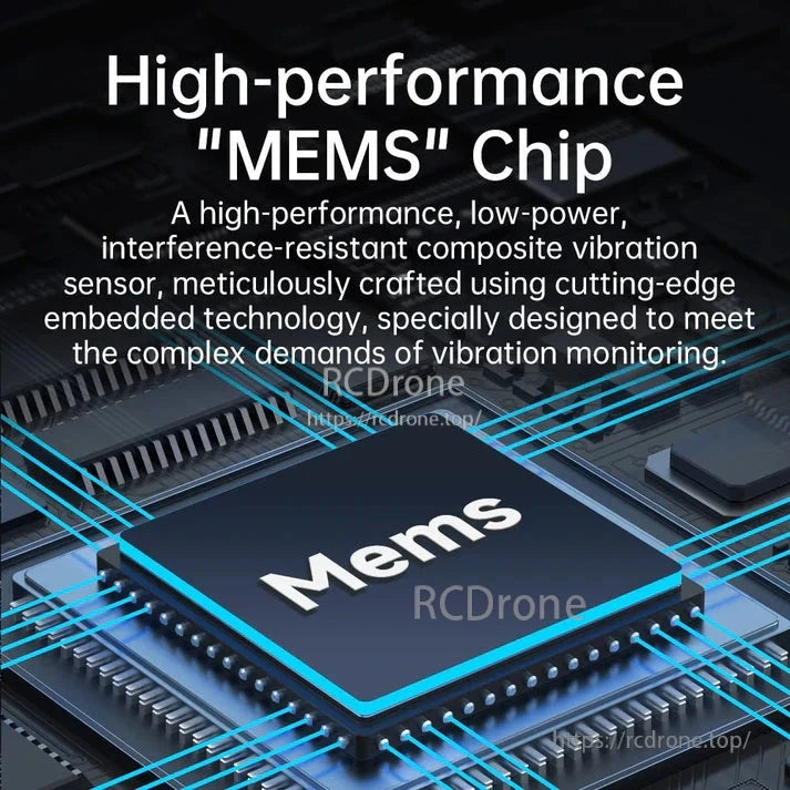 High-performance MEMS chip with low-power, interference-resistant vibration sensor for precise monitoring.