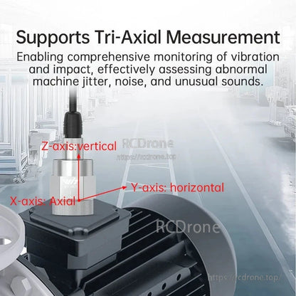 Supports tri-axial vibration and impact monitoring, assessing machine jitter, noise, and unusual sounds across X, Y, and Z axes.