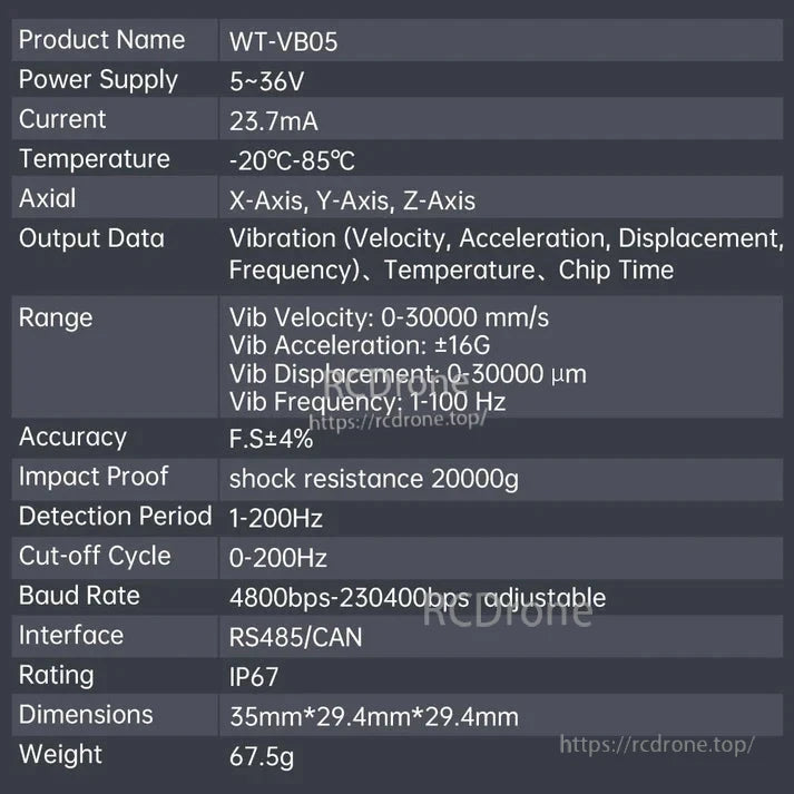 The WitMotion WT-VB05 is a compact, 67.5g tri-axis vibration and temperature sensor with RS485/CAN interface, 5–36V power, ±16g range, IP67 rating, 1–100Hz frequency, and ±4% accuracy for velocity, acceleration, displacement, and temperature measurements.