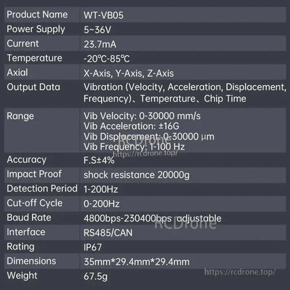 The WitMotion WT-VB05 is a compact, 67.5g tri-axis vibration and temperature sensor with RS485/CAN interface, 5–36V power, ±16g range, IP67 rating, 1–100Hz frequency, and ±4% accuracy for velocity, acceleration, displacement, and temperature measurements.