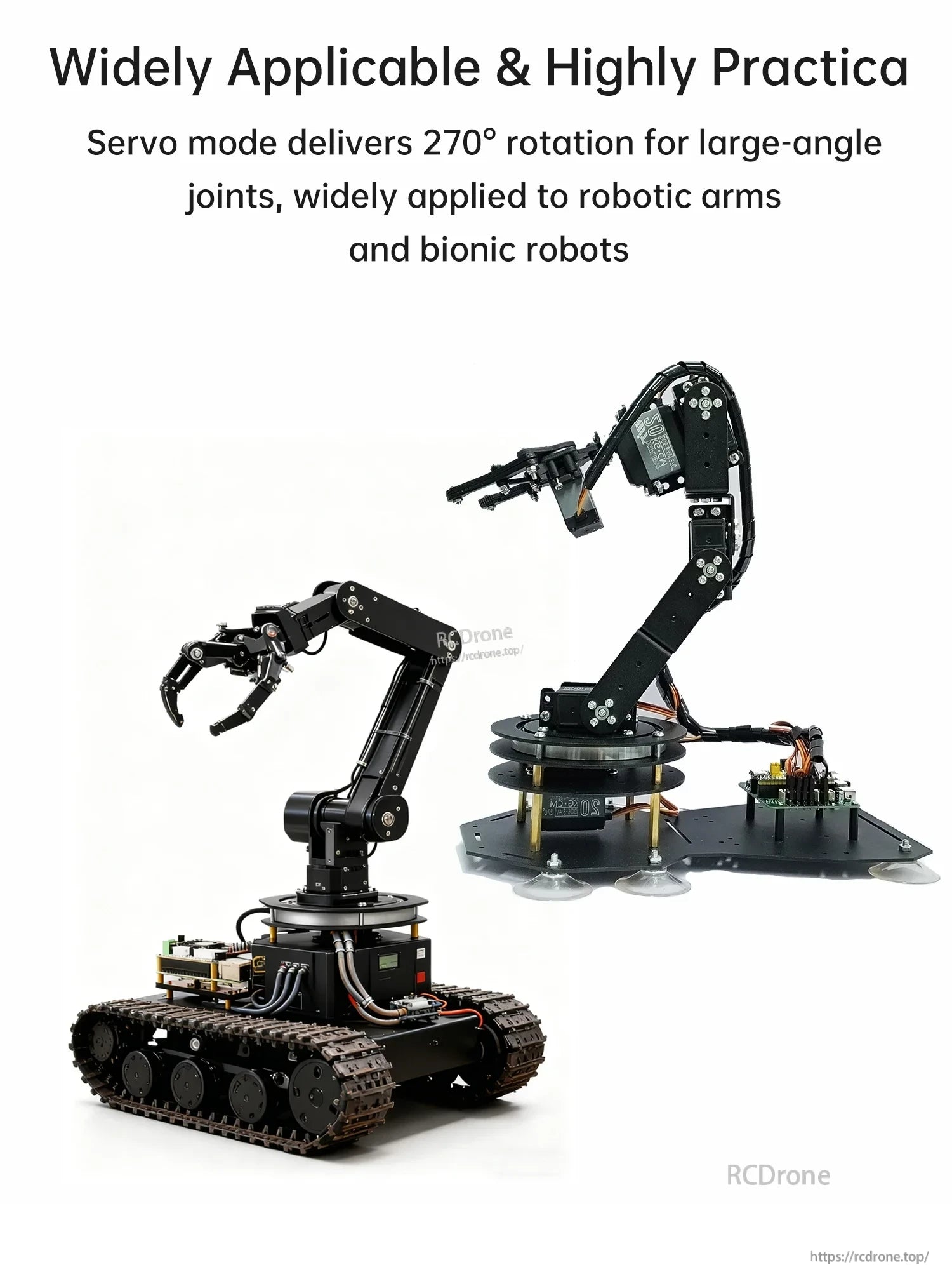 Robotic arm and tracked robot example illustrating 270° servo use for large-angle joints in robotics projects