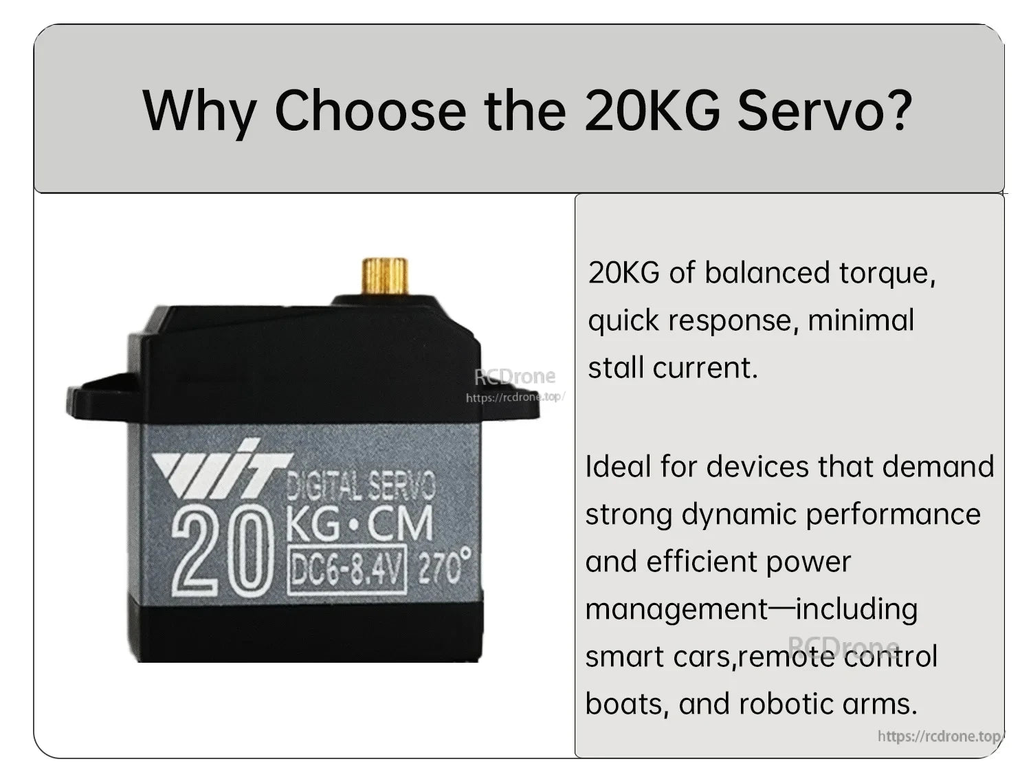 20KG·CM digital servo close-up with quick-response benefits text and 6–8.4V marking on label