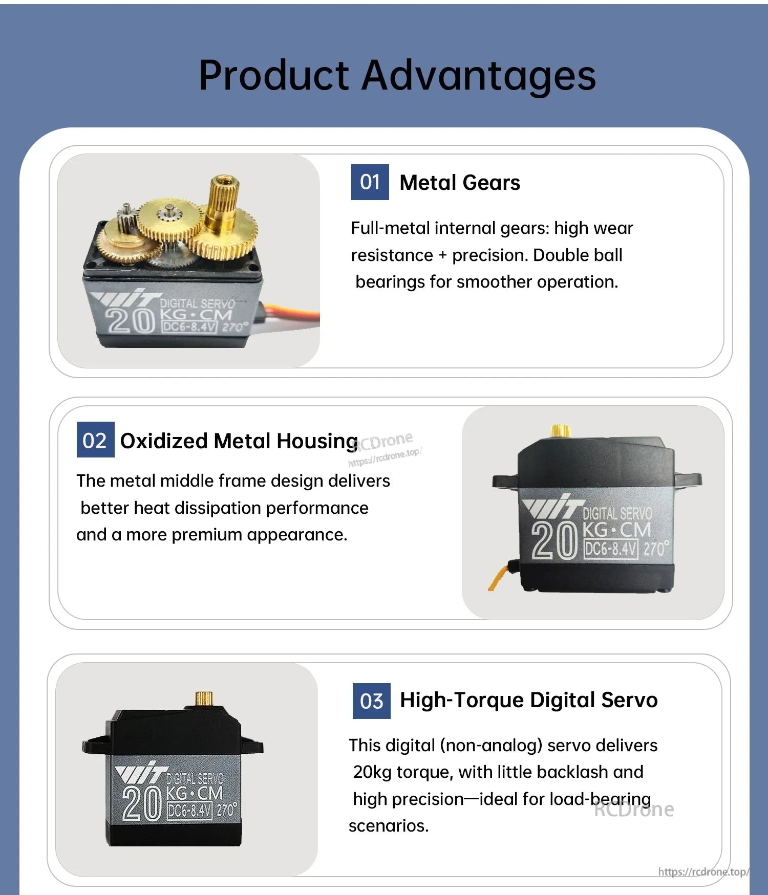 Product advantages graphic highlighting metal gears, oxidized metal housing, and high-torque digital servo design