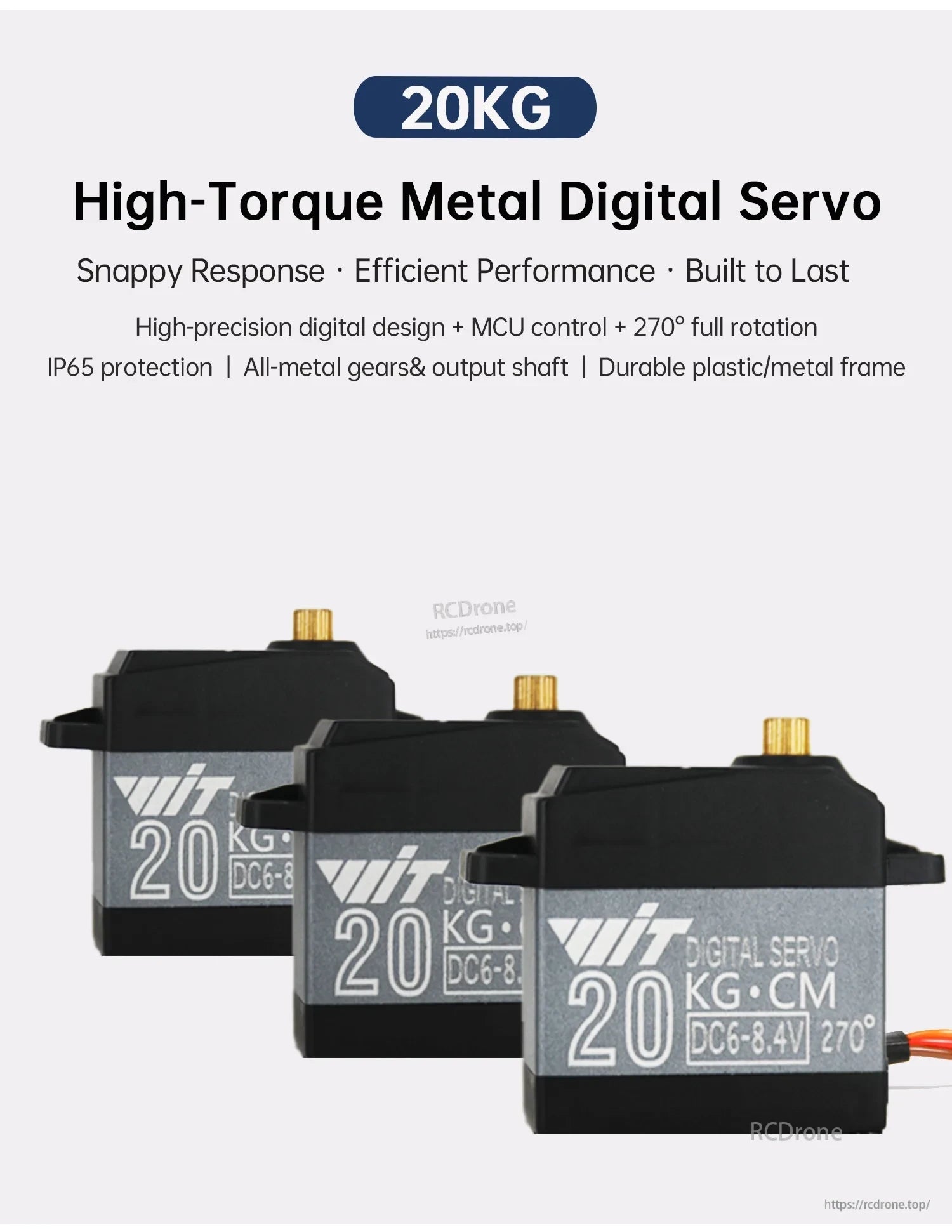 WitMotion 20KG·CM 270° digital metal gear servo with IP65 waterproof rating for RC cars and robot arms