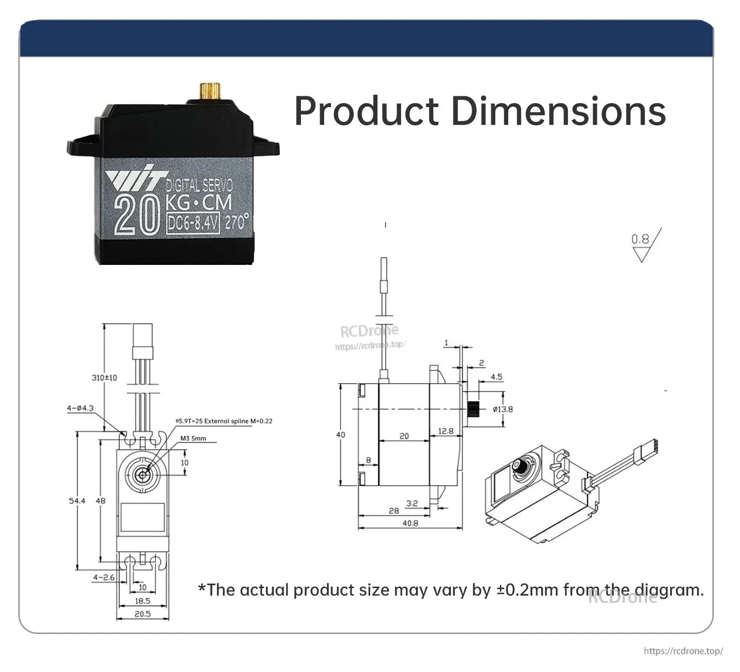 Servo dimension drawing with measurements and mounting hole positions for the 20kg 270° digital servo case