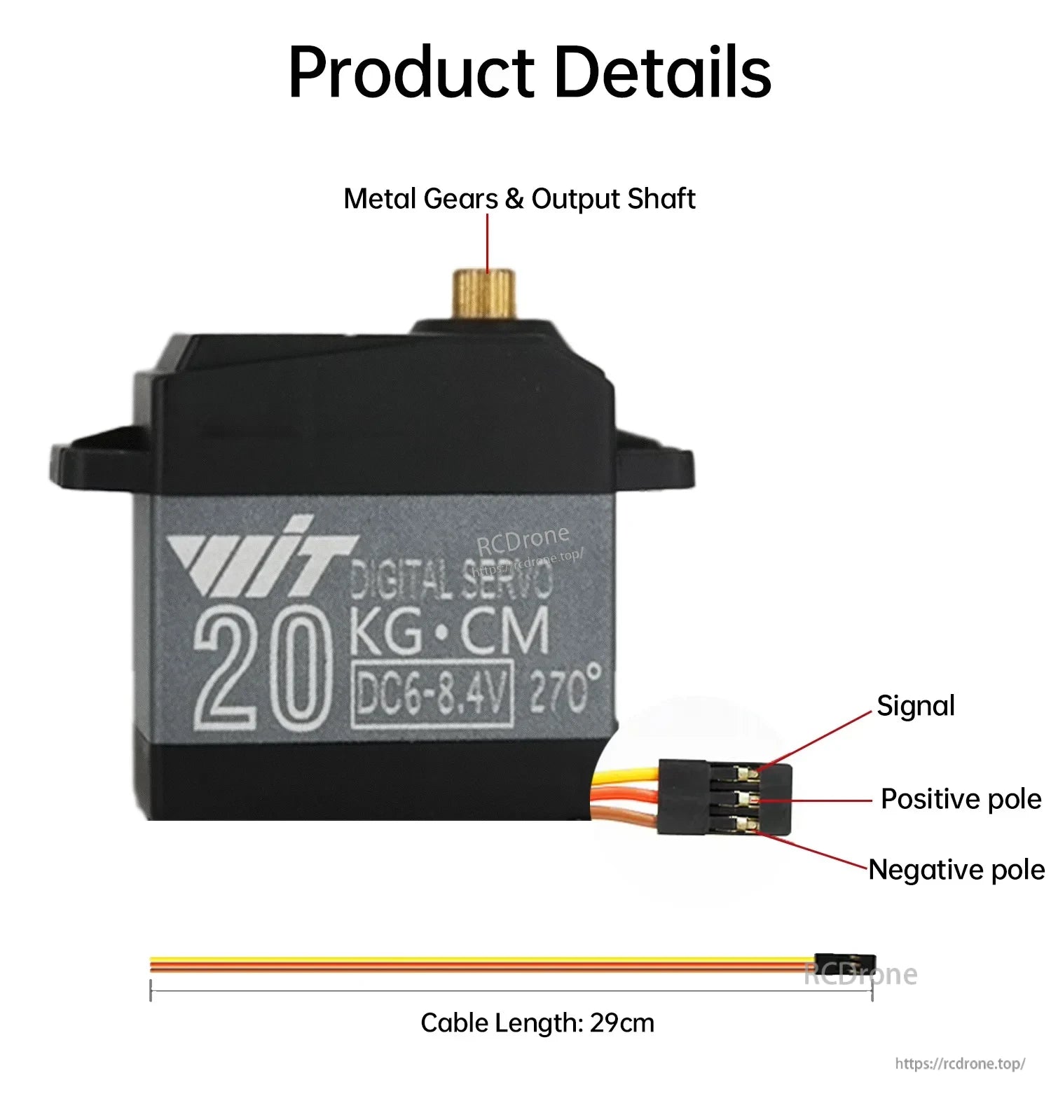 Servo details with metal output shaft, 3-wire connector labeled signal/positive/negative, and 29cm cable length