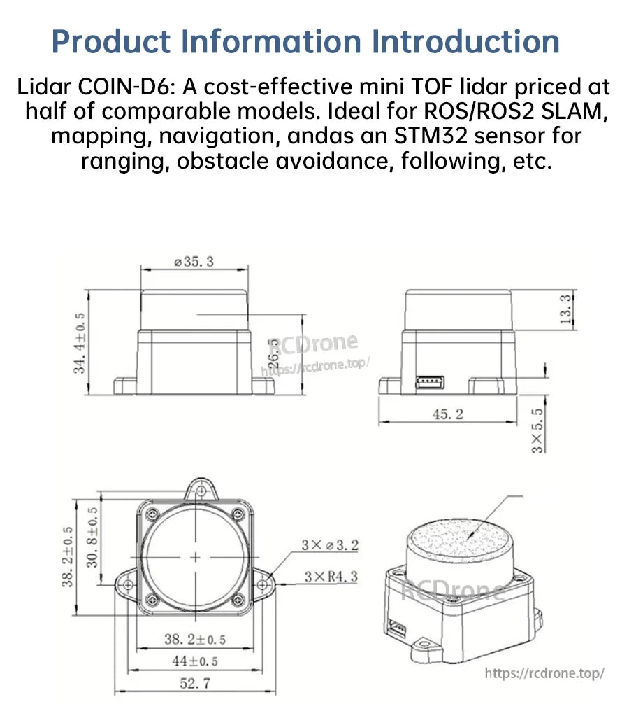 Mechanical dimension drawing for COIN-D6 LiDAR module with overall size and mounting footprint measurements