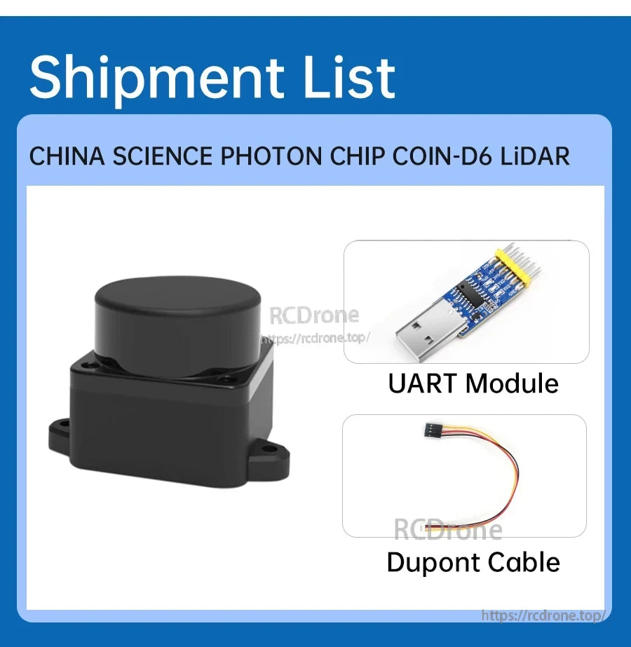 Shipment list for 360° TOF LiDAR sensor kit with COIN-D6 LiDAR unit, UART module, and Dupont cable