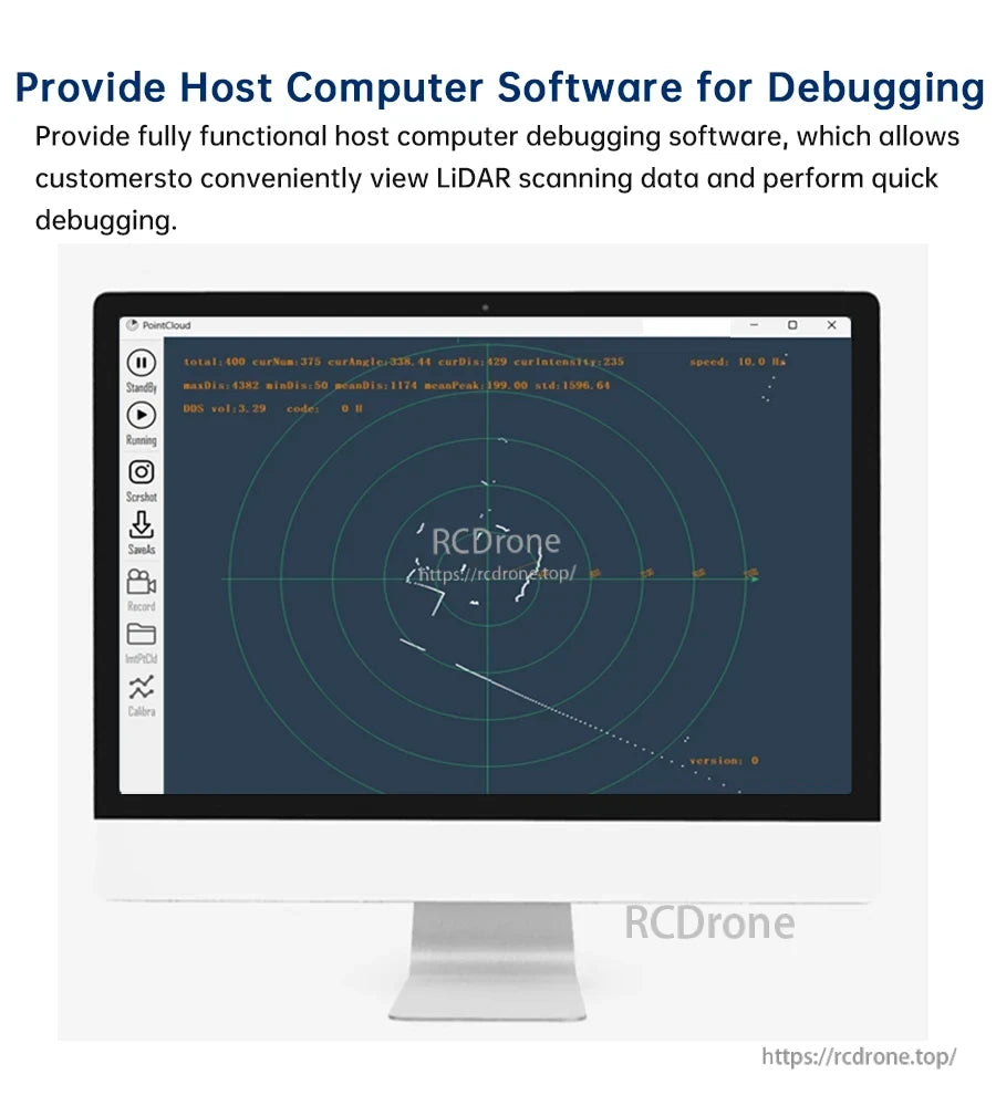 Host computer LiDAR debugging software interface on a monitor with circular scan view and point cloud plot