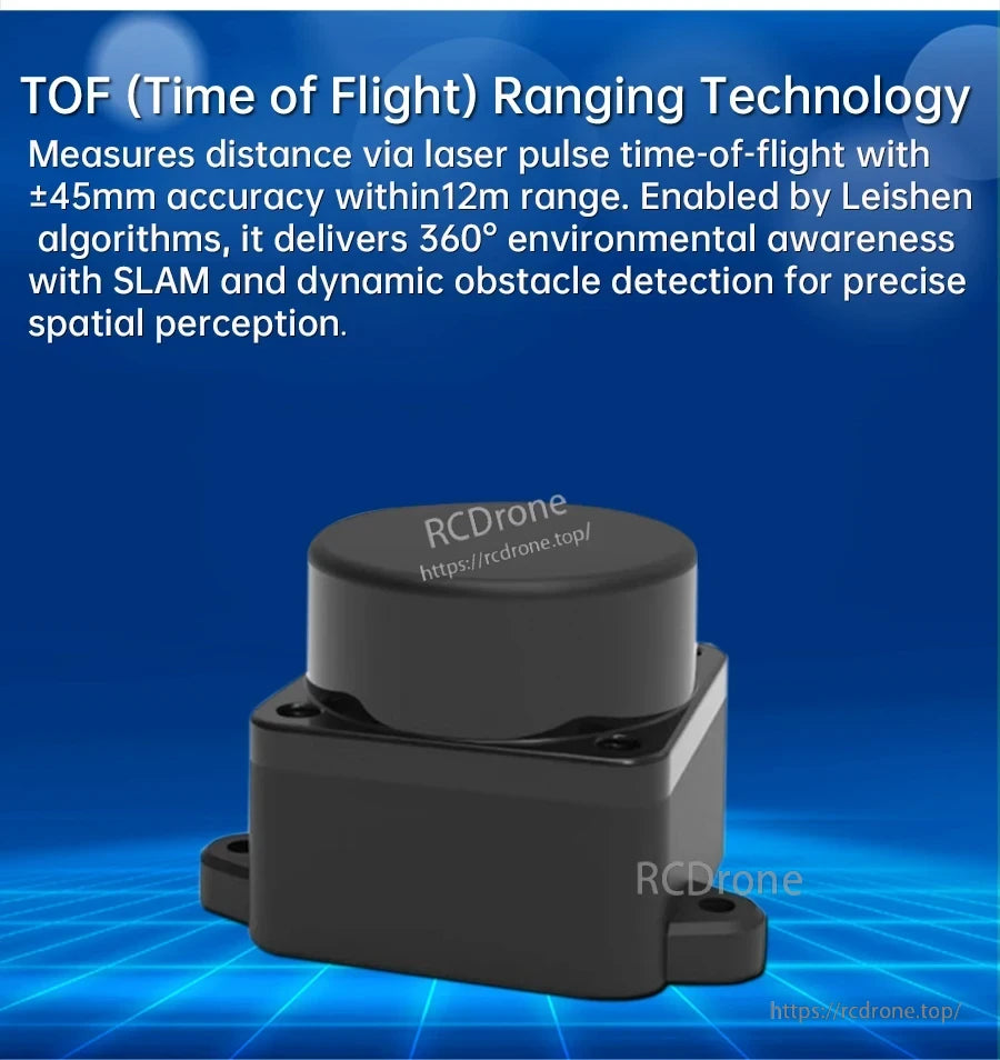 TOF (time-of-flight) ranging technology graphic with COIN-D6 LiDAR module on a blue background
