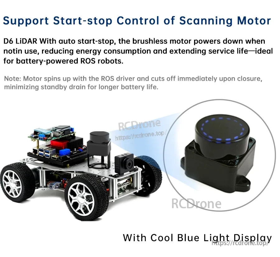 Start-stop control feature graphic for D6 LiDAR scanning motor with robot car example and blue status light ring