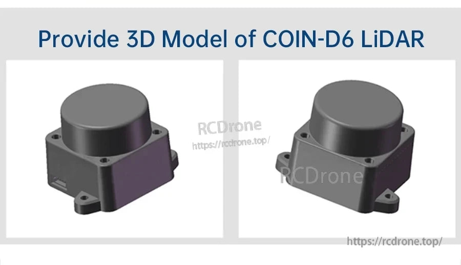 3D CAD renders of the COIN-D6 LiDAR module from two angles for mechanical integration reference