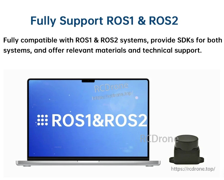 ROS1 & ROS2 compatibility graphic with laptop and COIN-D6 LiDAR module for robotics integration