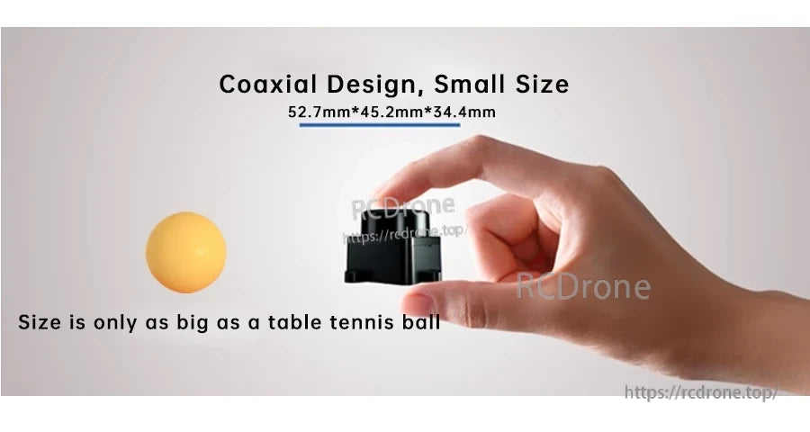 Size reference image of the COIN-D6 LiDAR in hand with dimensions 52.7×45.2×34.4 mm and table tennis ball scale