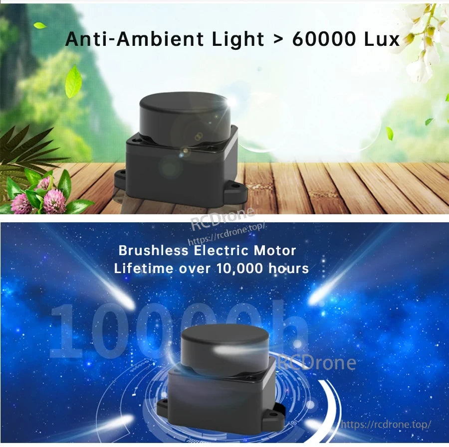 COIN-D6 LiDAR durability highlights: anti-ambient light over 60000 lux and brushless motor lifetime over 10000 hours