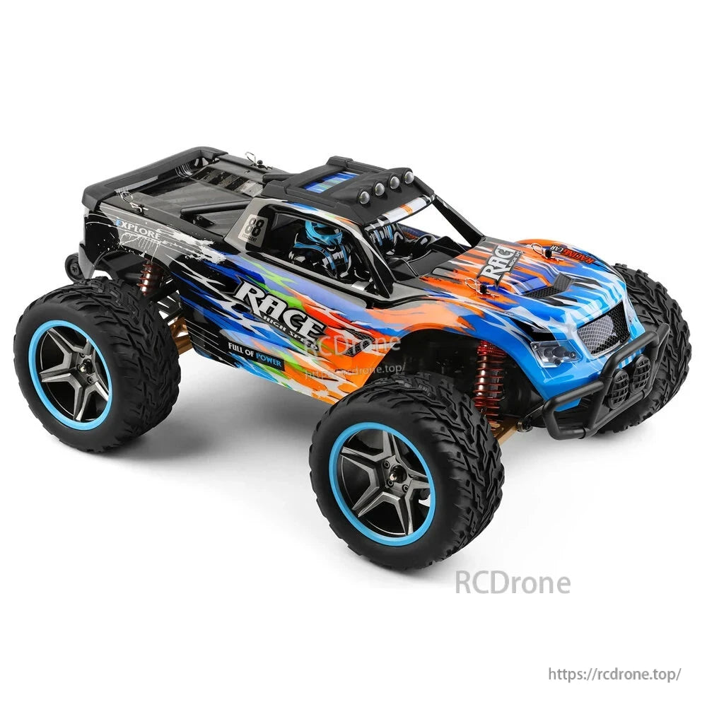Wltoys 104019 1/10 2.4GHz 4WD Brushless RC Car, High-speed off-road RC monster truck, 55 km/h, 4WD brushless, black and blue design.