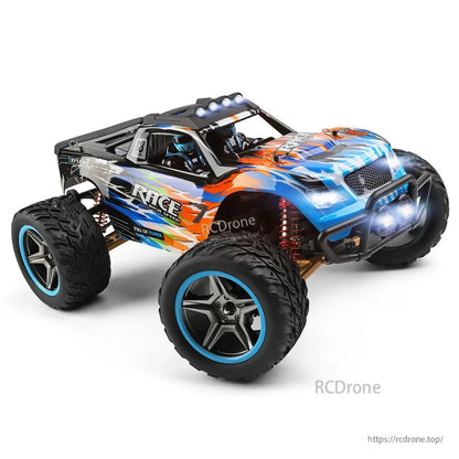 Wltoys 104019 1/10 2.4GHz 4WD Brushless RC Car, Wltoys 1/10 scale 4WD brushless RC car with 2.4GHz radio, 55 km/h speed, off-road monster truck, 3660 motor, metal gears, black and blue.