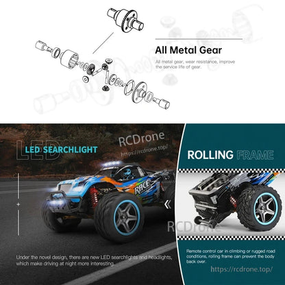 Wltoys 104019 1/10 2.4GHz 4WD Brushless RC Car, This durable 1/10-scale RC monster truck has metal gears, LED lights, a stable frame, and a 3660 motor reaching 55 km/h.