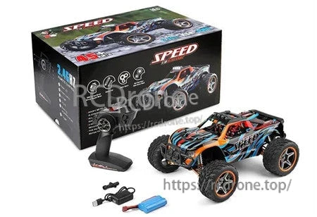 Wltoys 104019 1/10 2.4GHz 4WD Brushless RC Car, Wltoys 1/10 scale 2.4GHz 4WD brushless RC car with metal gears, reaching 55 km/h, black and blue off-road monster truck.