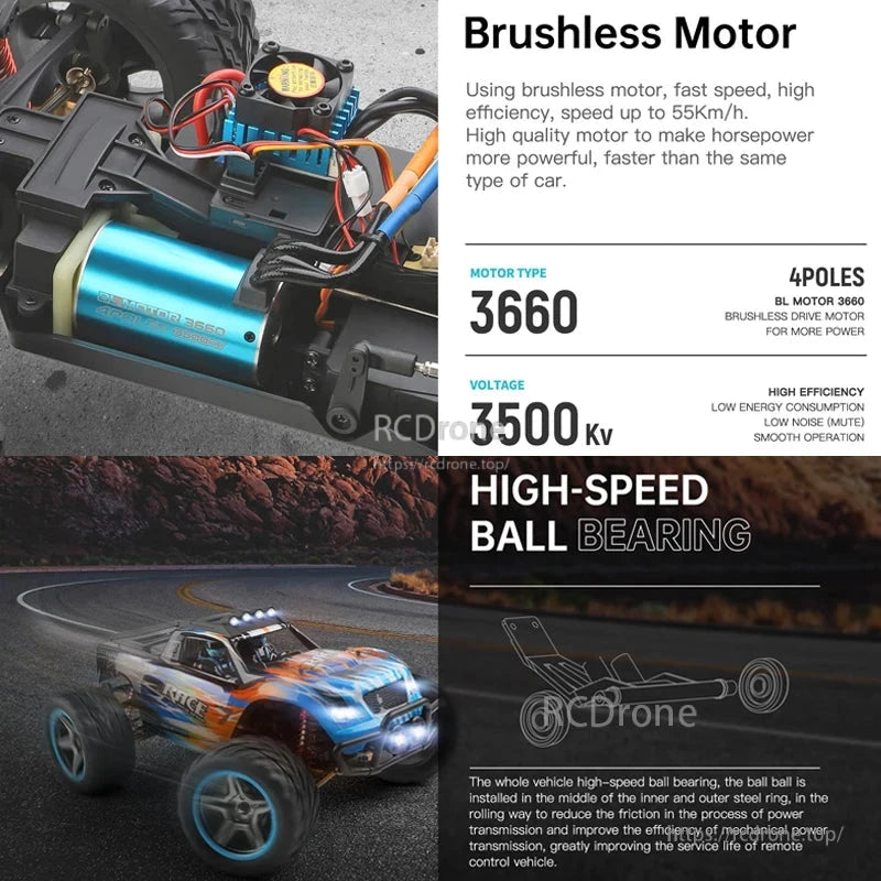 Wltoys 104019 1/10 2.4GHz 4WD Brushless RC Car, Brushless 3660 motor, 4 poles, 3500 Kv, 55 km/h speed, efficient, low noise. High-speed bearings, metal gears, 4WD, 2.4GHz, off-road truck.