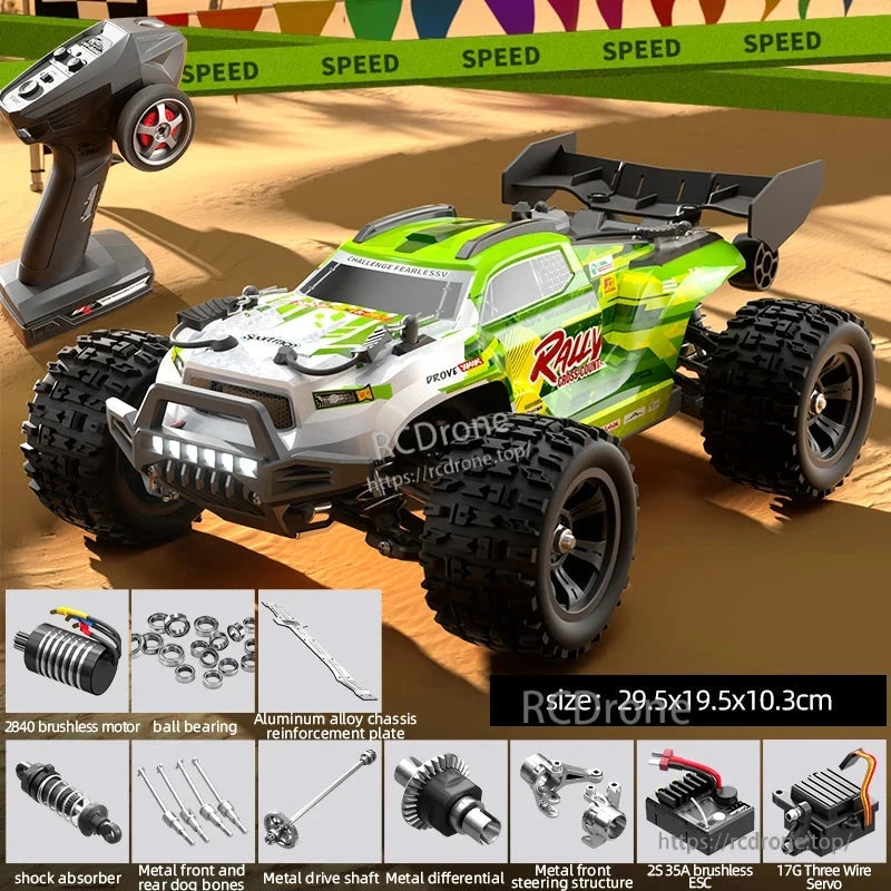 Wltoys 18101 PRO Rc Car, Wltoys 1/18 scale RC truck with brushless motor, 4WD, LED lights, 28 km/h speed, 80m range, metal parts, shock absorbers, and 7.4V battery. Ready-to-run with remote. Durable, high-performance off-road design.