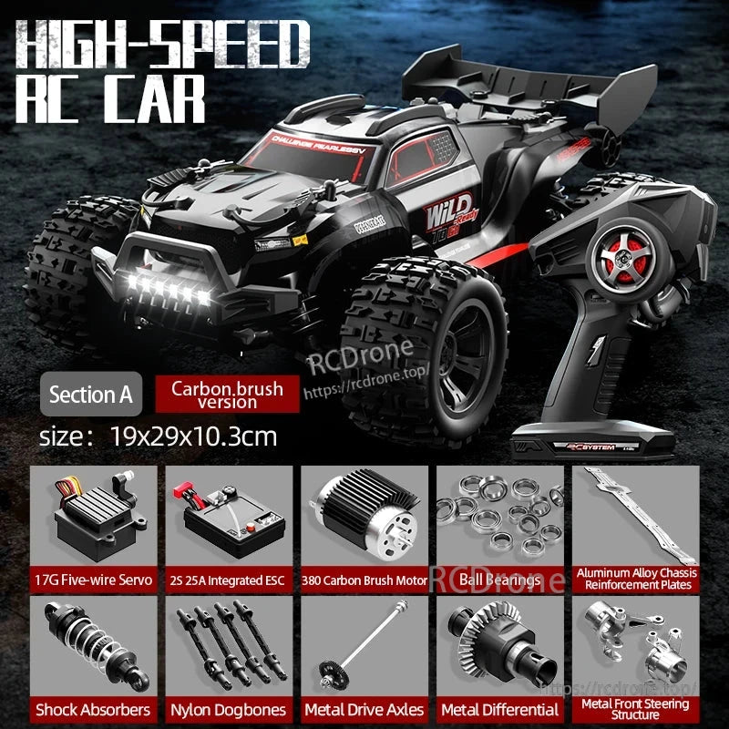 Wltoys 18101 PRO Rc Car, 1/18 scale 2.4GHz 4WD off-road RC truck, 28 km/h, 80m range, LED lights, ready-to-run. Features metal parts, carbon brush motor, and alloy reinforcements. (25 words)
