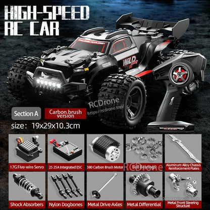 Wltoys 18101 PRO Rc Car, 1/18 scale 2.4GHz 4WD off-road RC truck, 28 km/h, 80m range, LED lights, ready-to-run. Features metal parts, carbon brush motor, and alloy reinforcements. (25 words)