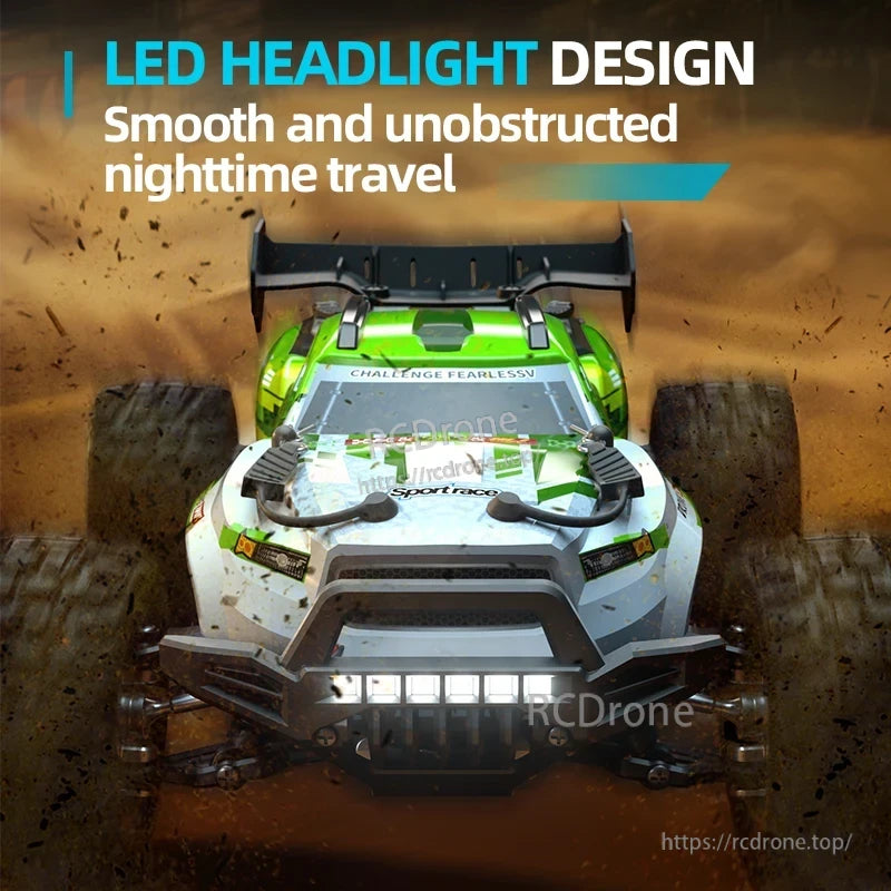 LED headlights on the Wltoys 18101 PRO RC car provide clear visibility for smooth nighttime driving.