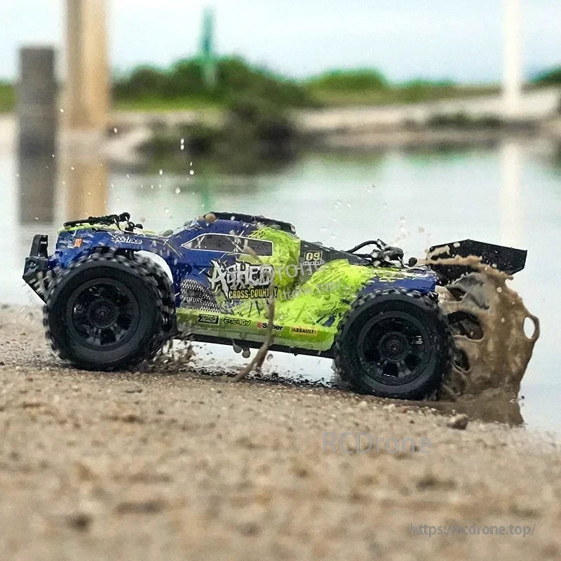 Wltoys 18101 PRO Rc Car, A remote-controlled car with suspension, LED headlights, and simulated big-foot tires for off-road driving on flat ground, sand, mud, and grass.